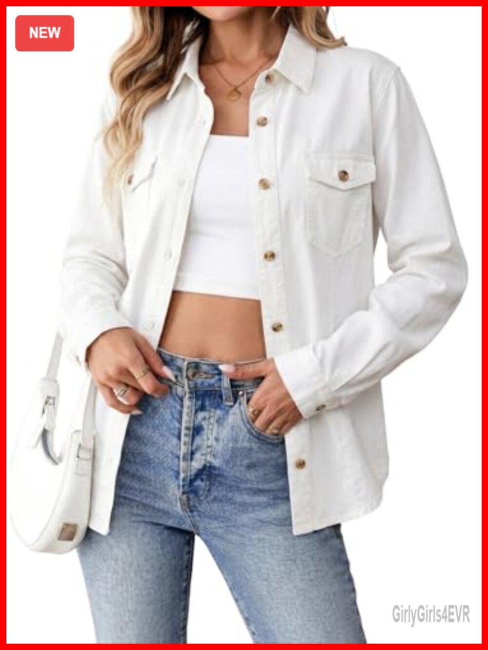 Oversized Denim Shacket Long Sleeve Button Down V Neck Womens Top